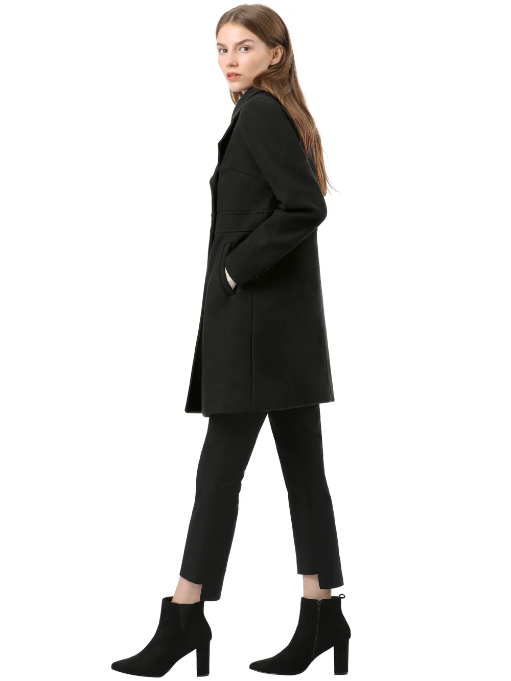 Allegra K- Notched Lapel Double Breasted Mid-Lentgh Overcoat