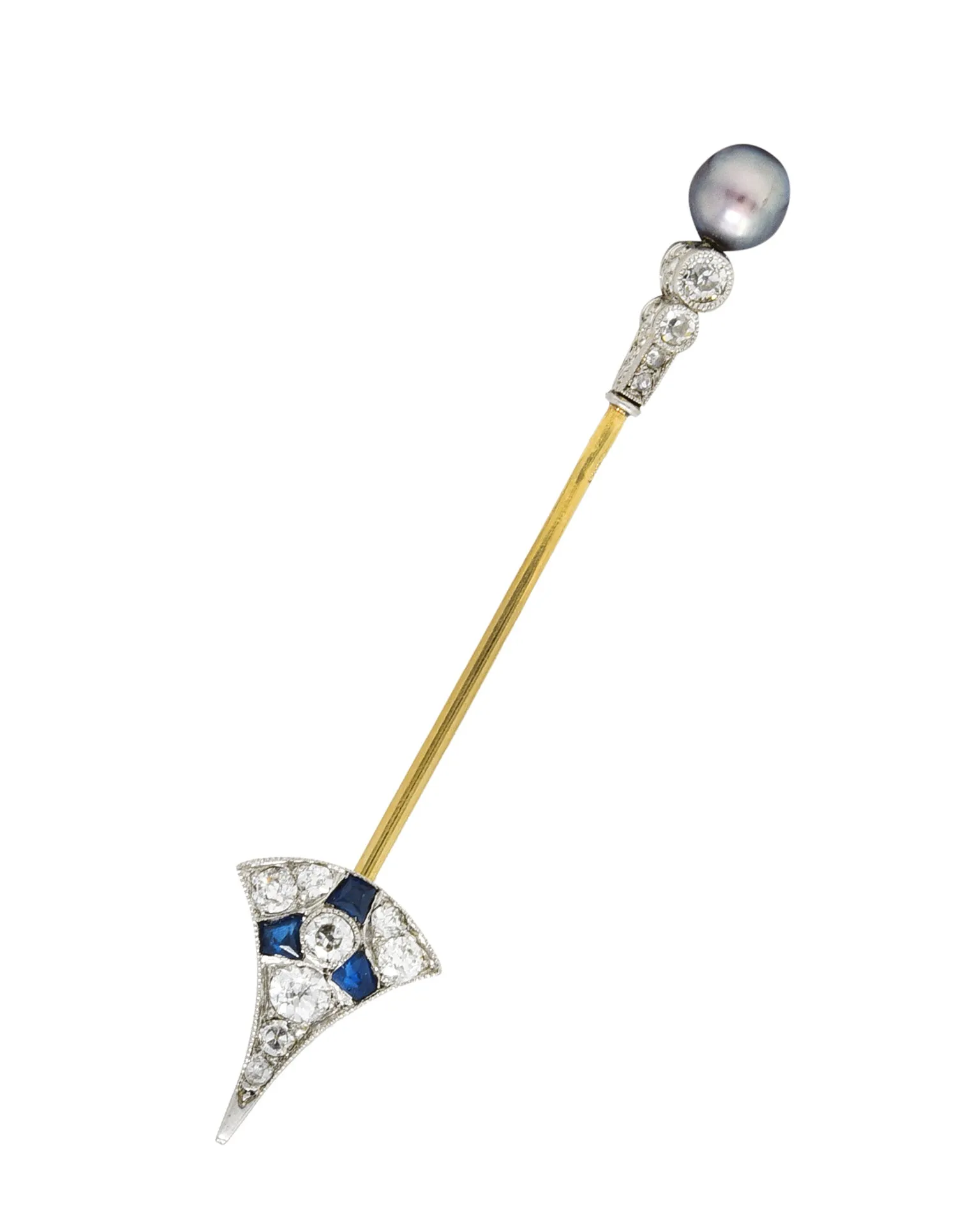 Art Deco Hungarian Diamond Sapphire Ruby Pearl Platinum 18 Karat Gold Antique Arrow Jabot Brooch