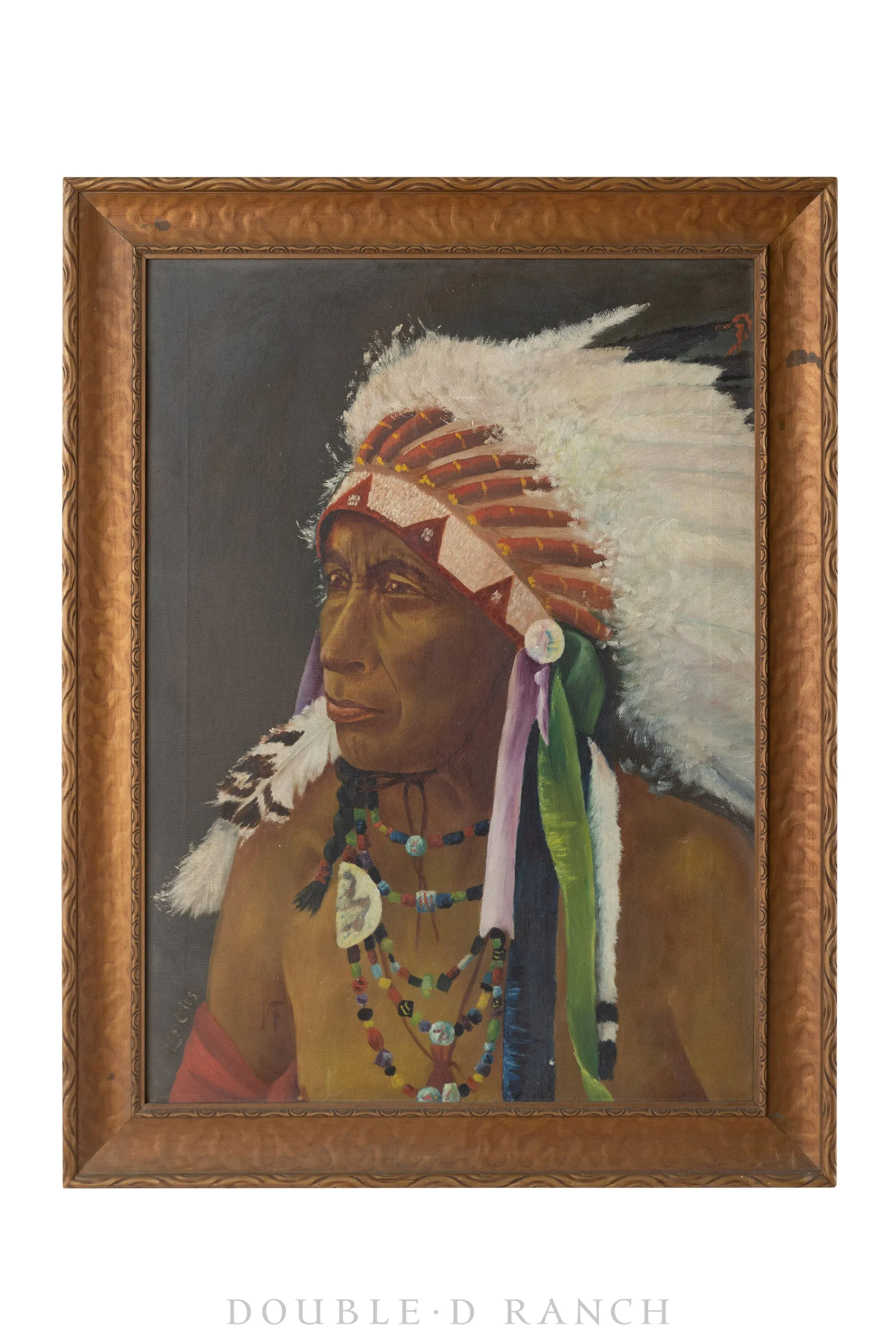 Art, Oil on Canvas, Portrait of an Indian Chief, Les Coles, Deaccession, Vintage, 1301