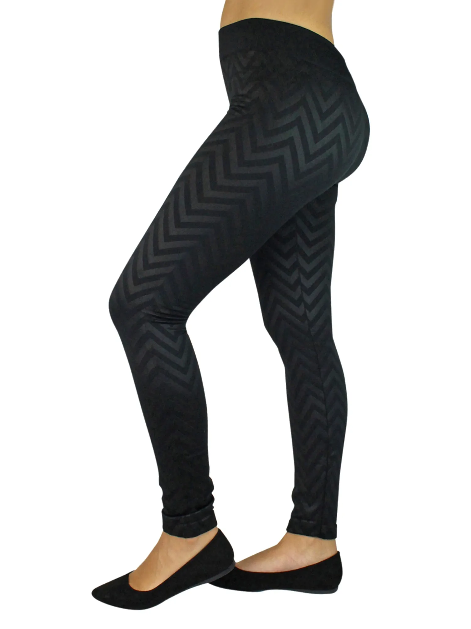 Black Chevron Stripe Leggings With Fleece Lining