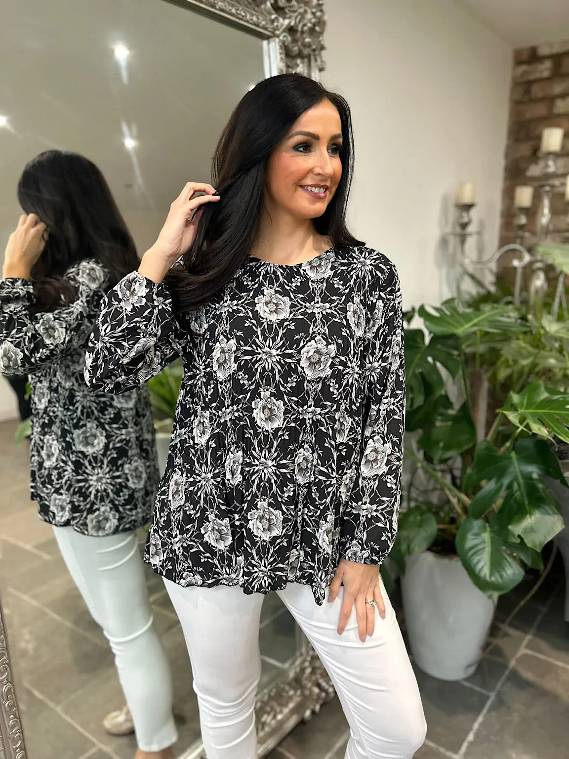 Black Multi Flower Print Pleated Blouse Evie