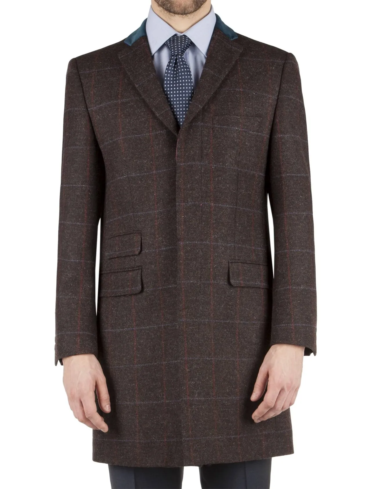 Brown Tweed Check Overcoat with Contrast Collar