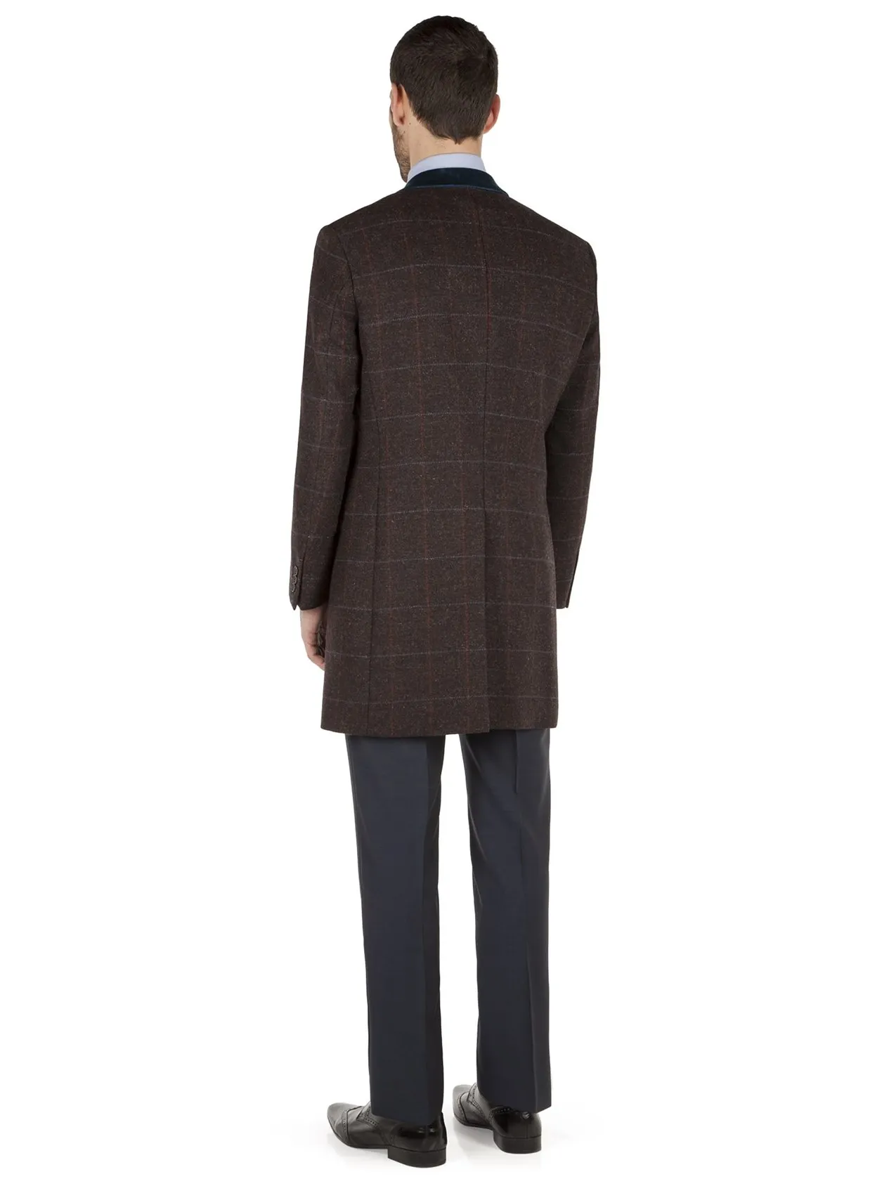 Brown Tweed Check Overcoat with Contrast Collar