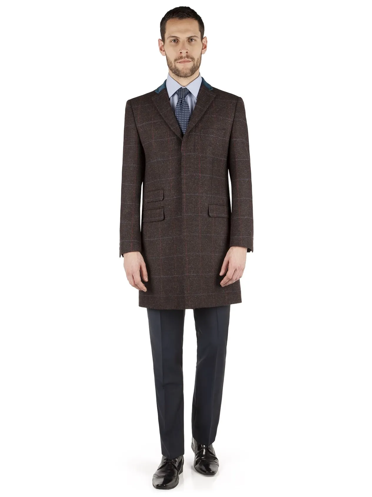 Brown Tweed Check Overcoat with Contrast Collar