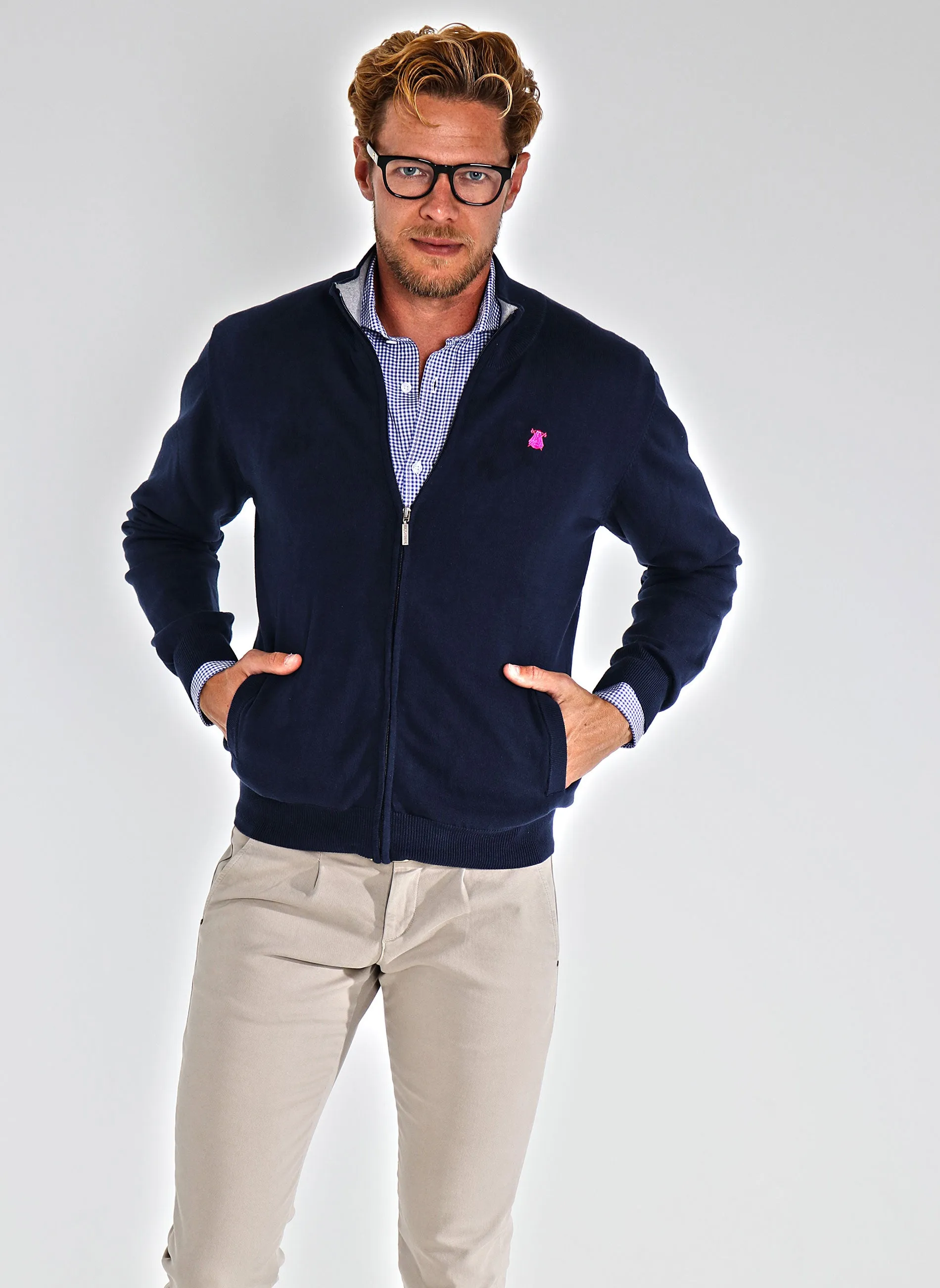 Chaqueta de Punto Azul Marino con Cremallera Hombre