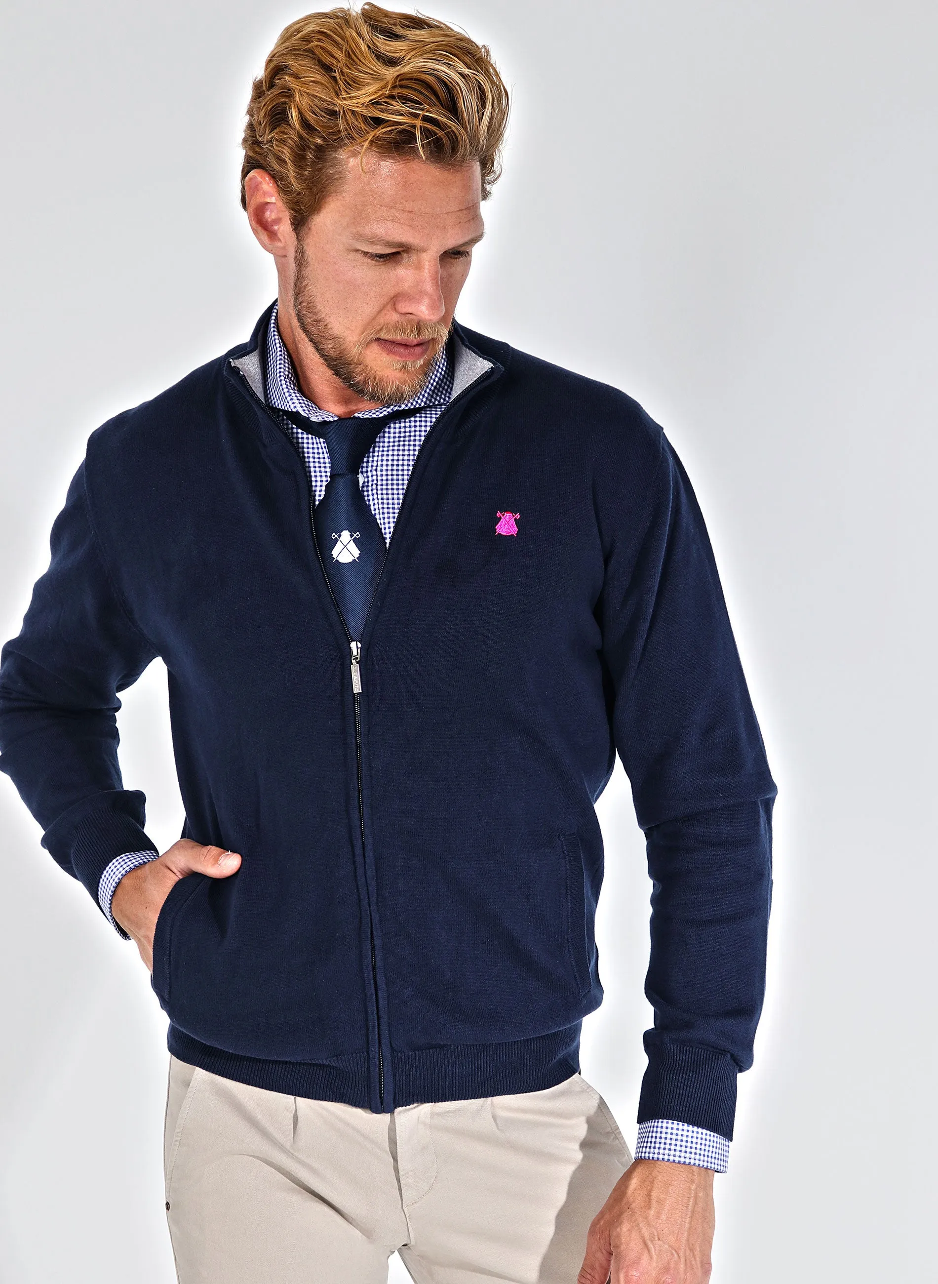 Chaqueta de Punto Azul Marino con Cremallera Hombre