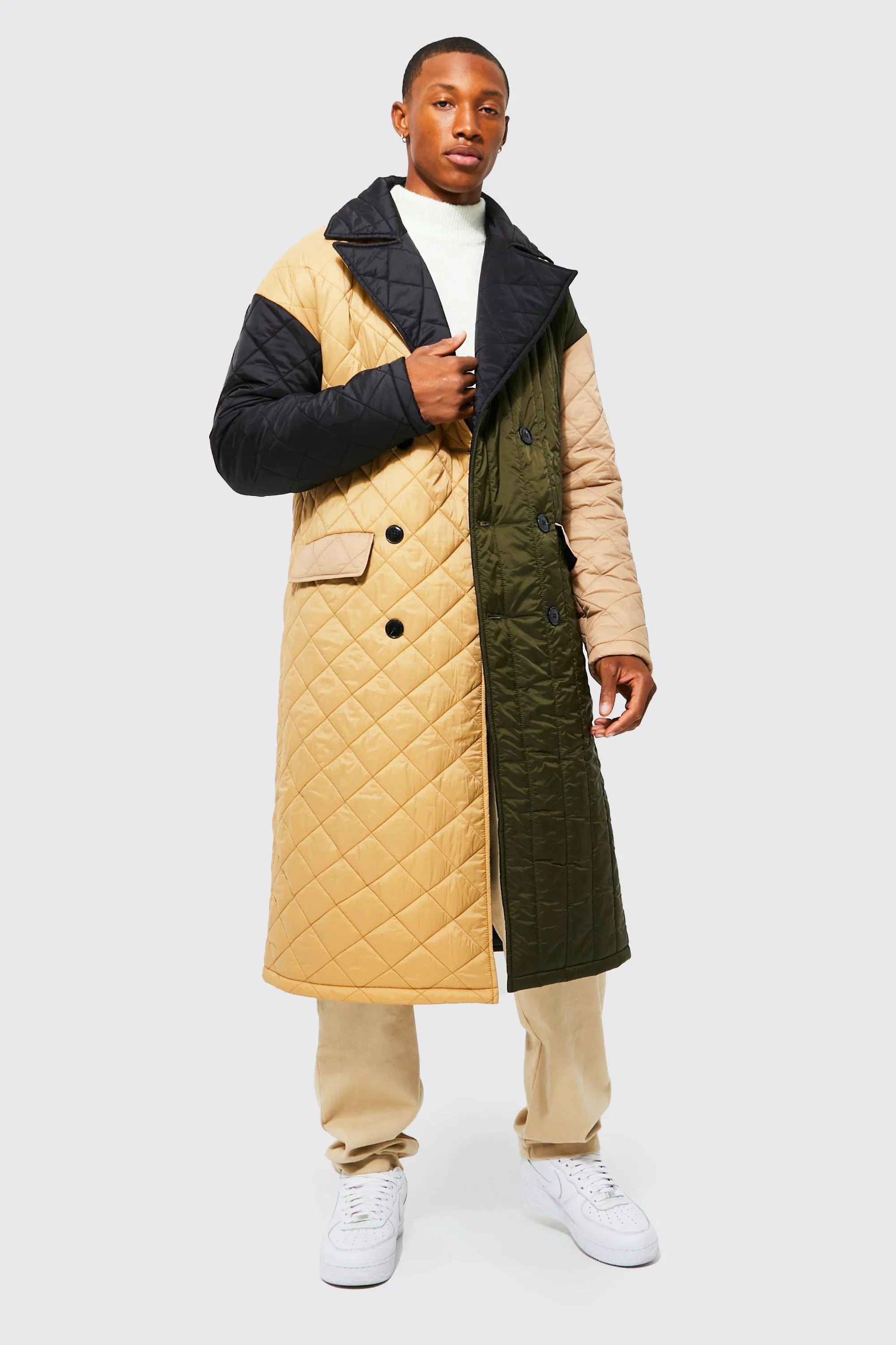 Colourblock Double Breasted Nylon Overcoat | boohooMAN UK