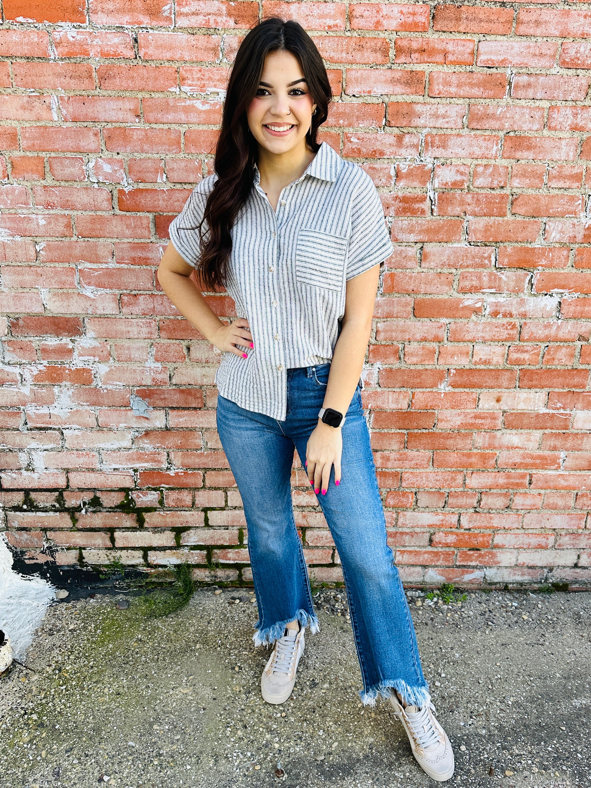 Count On You Striped Button Up Top  Black