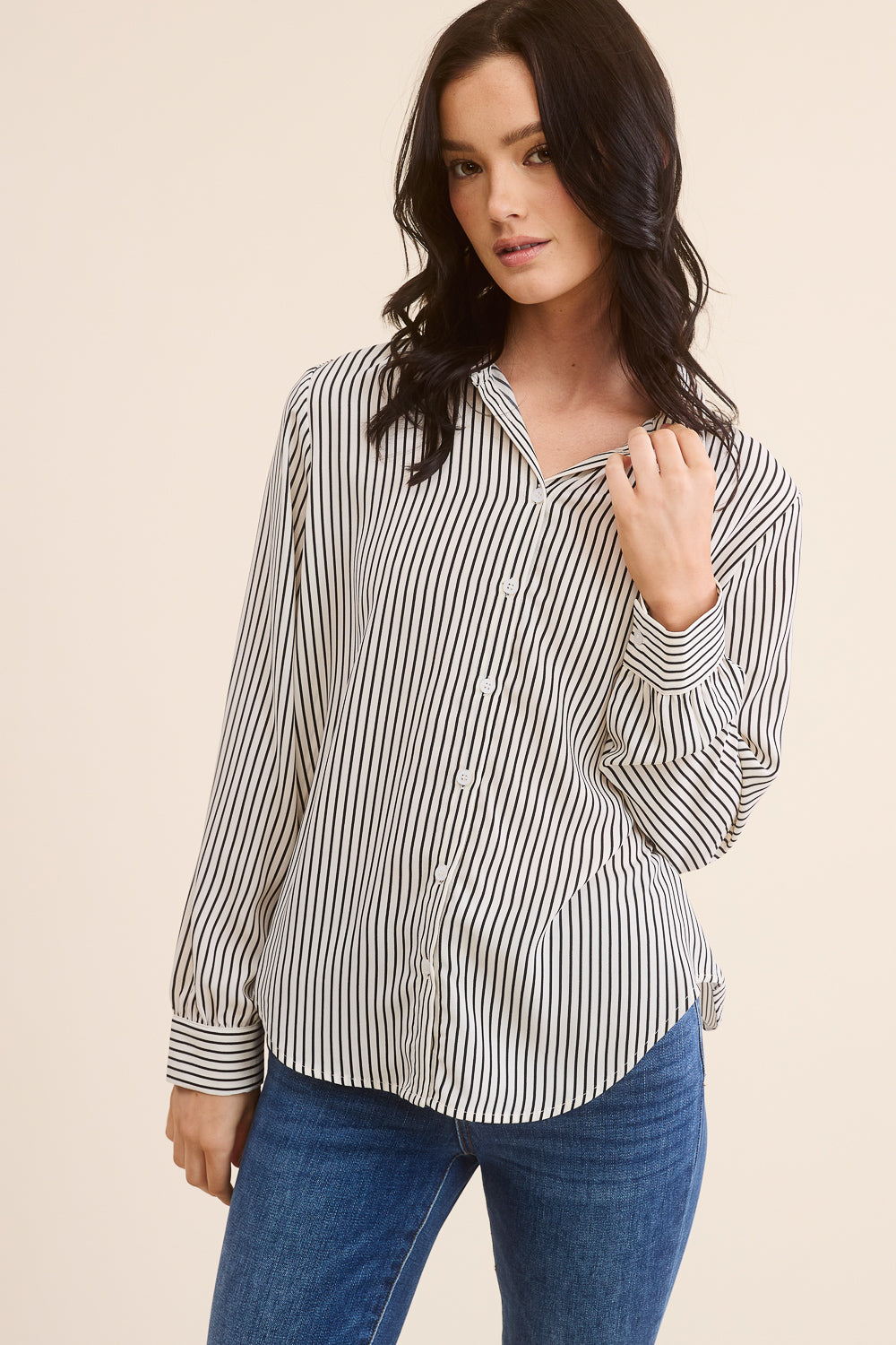 Cream and Black Striped Button Down