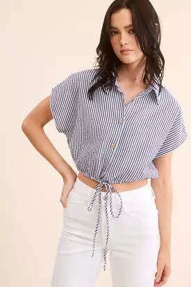 Cropped Navy Striped Button Down