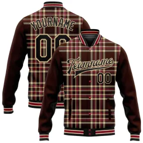 Custom Brown Black Vegas Gold City Cream-Crimson Classic Western Plaid 3D Pattern Design Bomber Full-Snap Varsity Letterman Jack