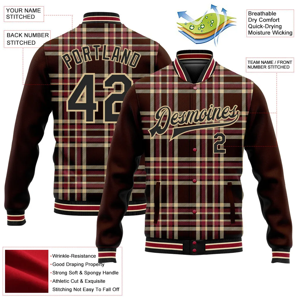 Custom Brown Black Vegas Gold City Cream-Crimson Classic Western Plaid 3D Pattern Design Bomber Full-Snap Varsity Letterman Jack