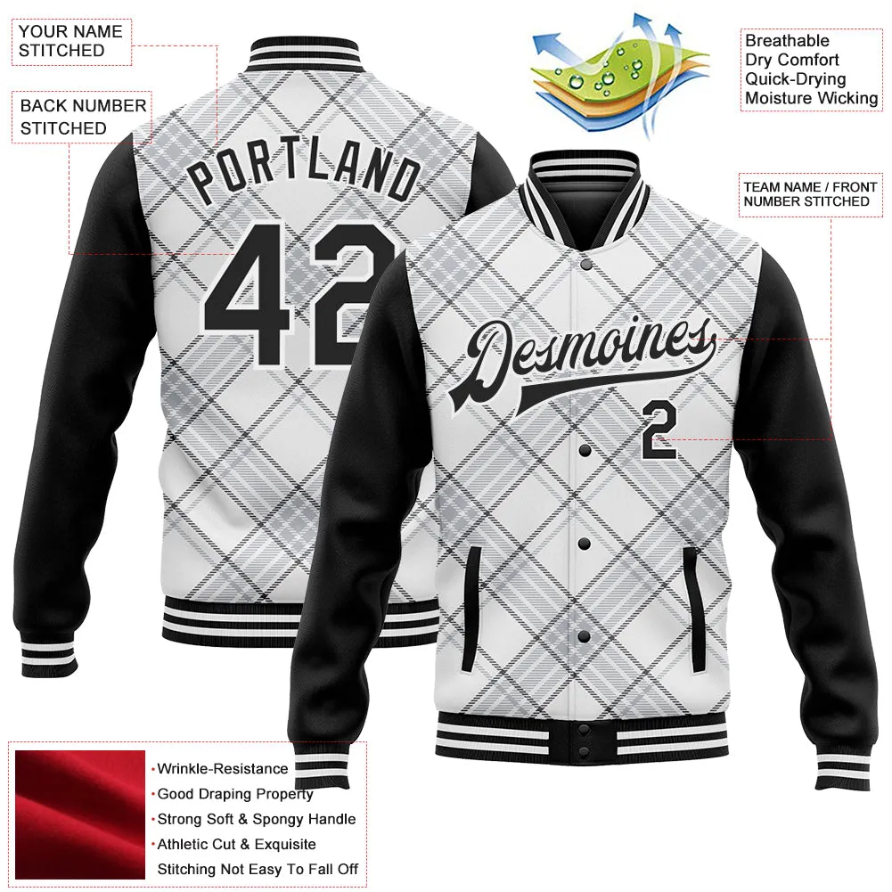 Custom White Black Check Board 3D Pattern Design Bomber Full-Snap Varsity Letterman Jacket