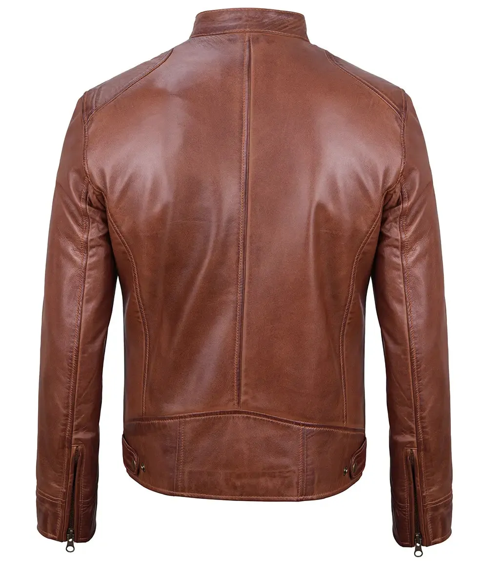 Dodge Tall Mens Cognac Cafe Racer Leather Jacket