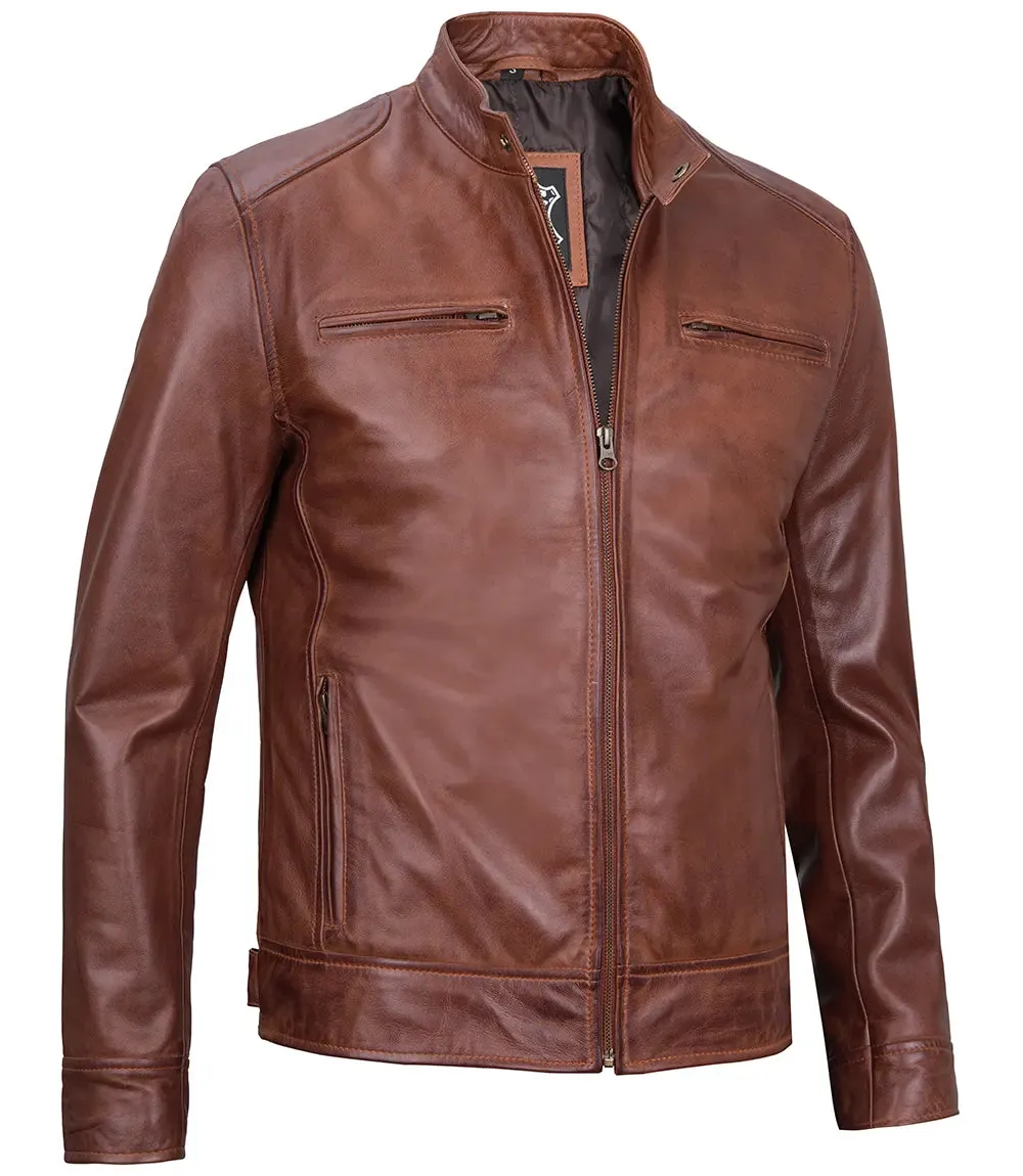 Dodge Tall Mens Cognac Cafe Racer Leather Jacket