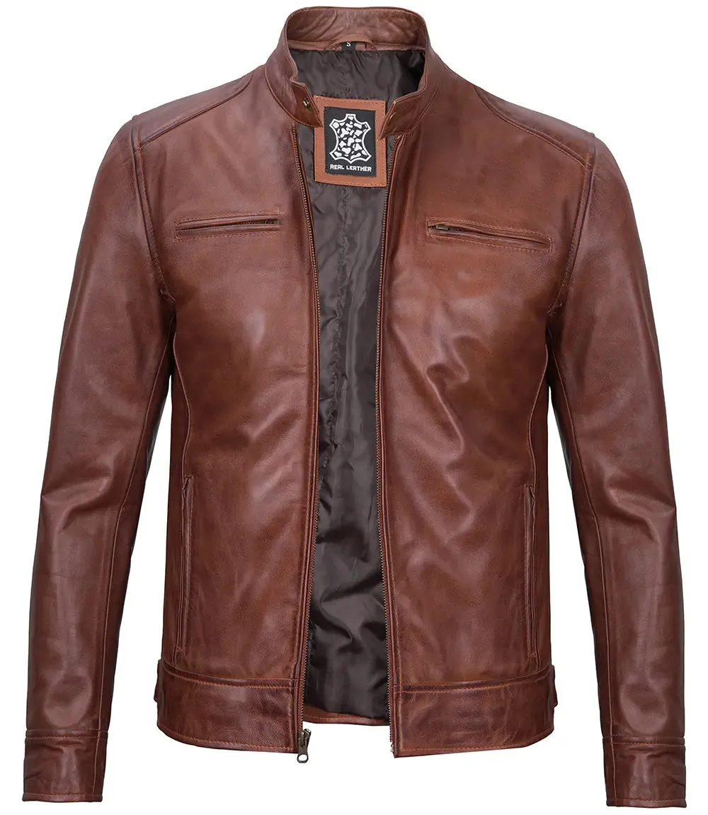 Dodge Tall Mens Cognac Cafe Racer Leather Jacket