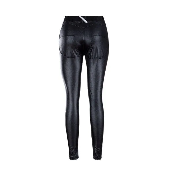 Fashion Women Leggings PU Leather Low Waist With Button Leggin Sexy Push Up Pants Legging Jegging Gothic Leggins Jeggings