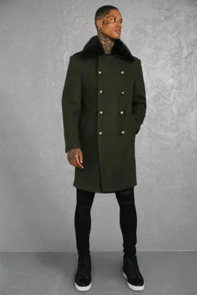 Faux Fur Collar Military Style Overcoat | boohooMAN UK