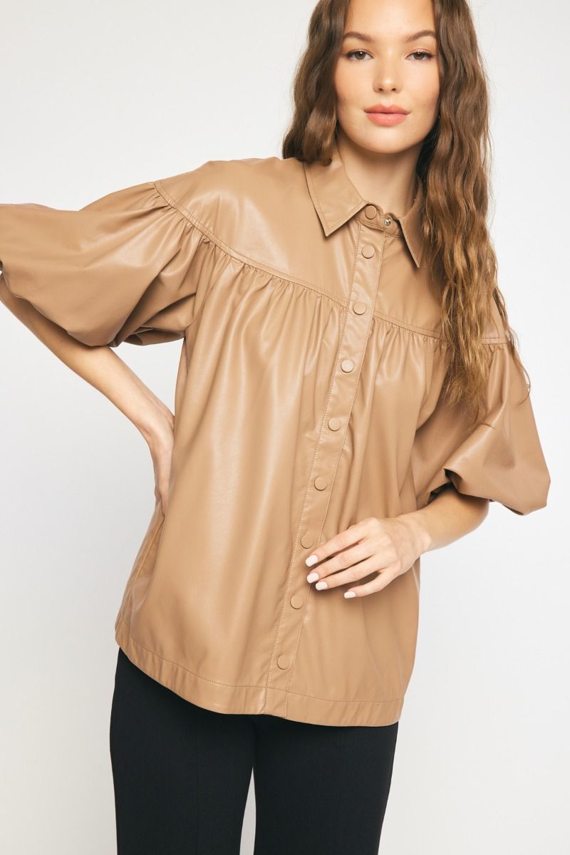 Faux Leather Button Down Top - Camel