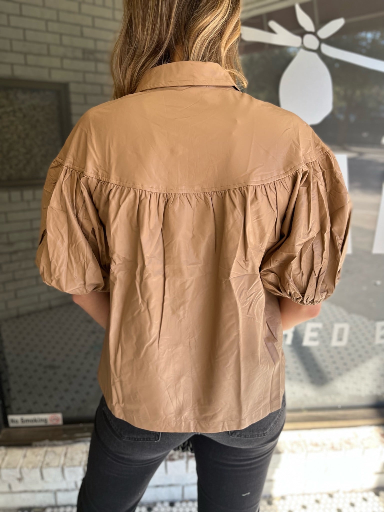 Faux Leather Button Down Top - Camel