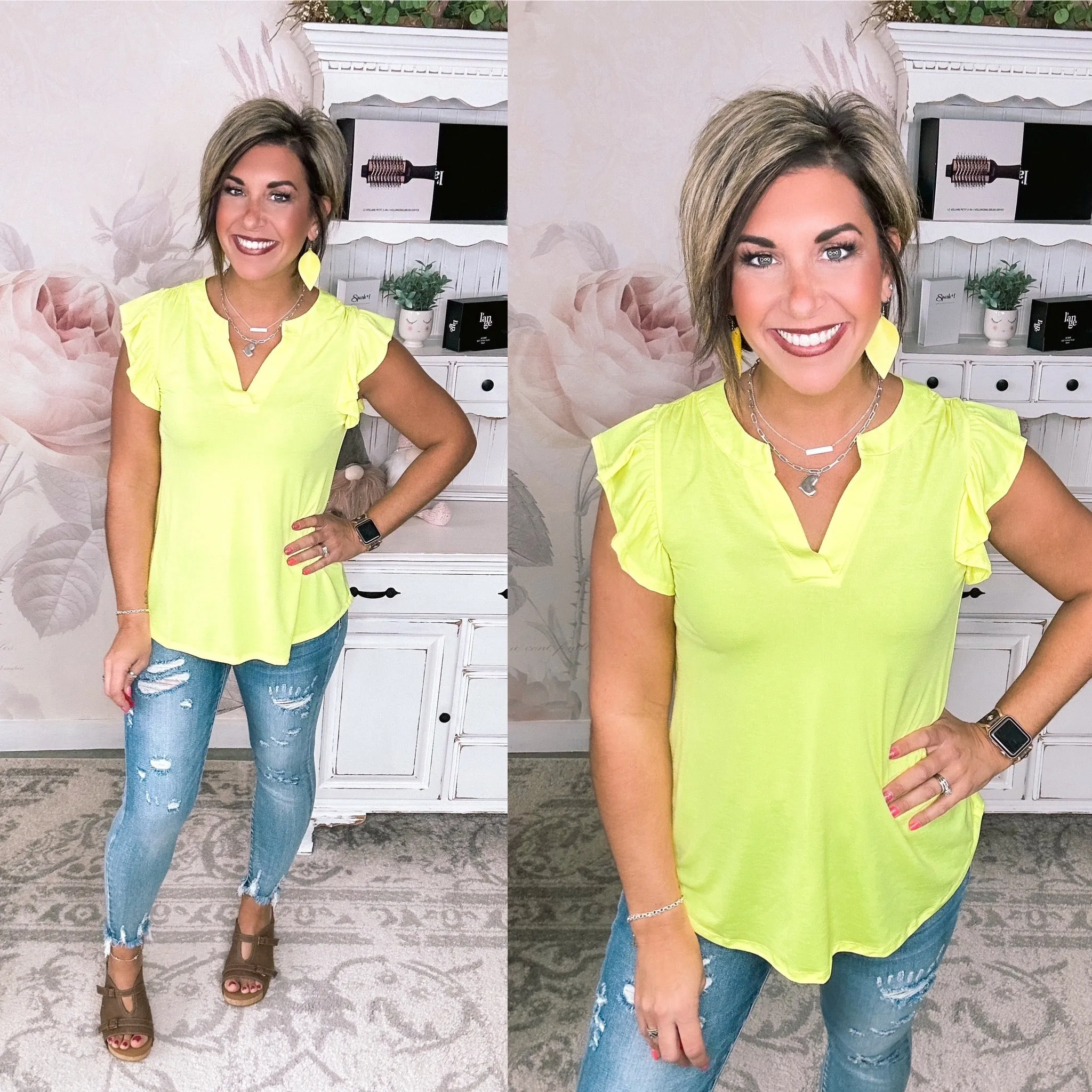 Figure It Out Ruffle Sleeve Top - Neon Yellow