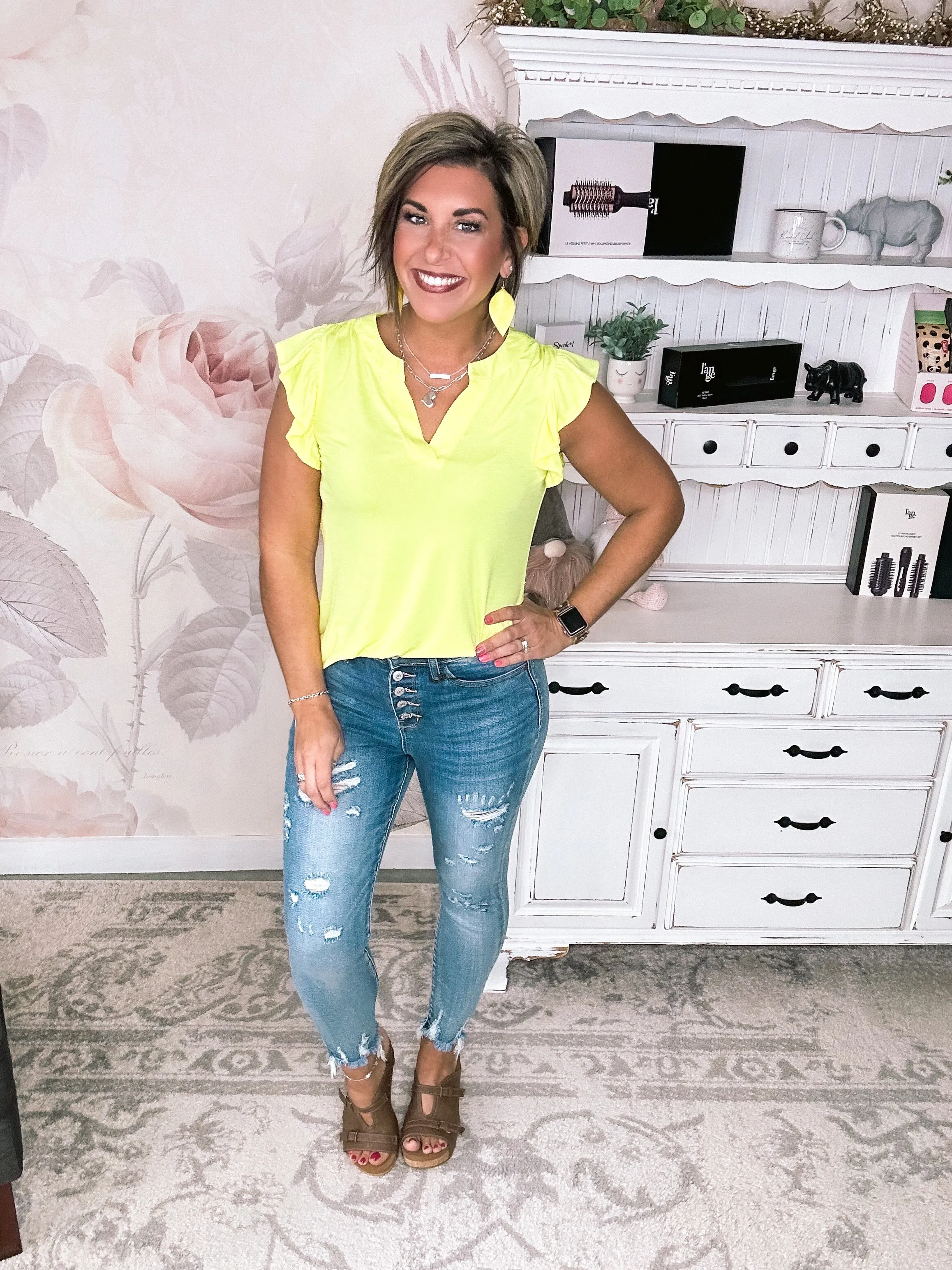 Figure It Out Ruffle Sleeve Top - Neon Yellow