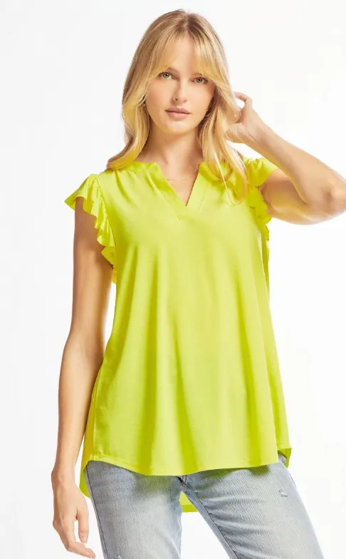 Figure It Out Ruffle Sleeve Top - Neon Yellow