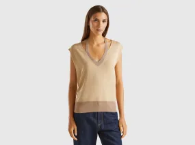 Flowy sweater with V-neck and laces - Beige | Benetton