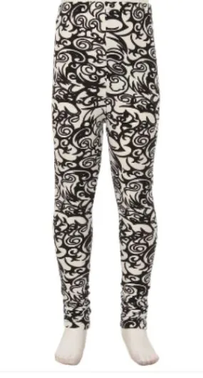 Girls Damask Leggings, Kids Yoga Pants, Sizes S/L, No-Roll Waist, Black/White