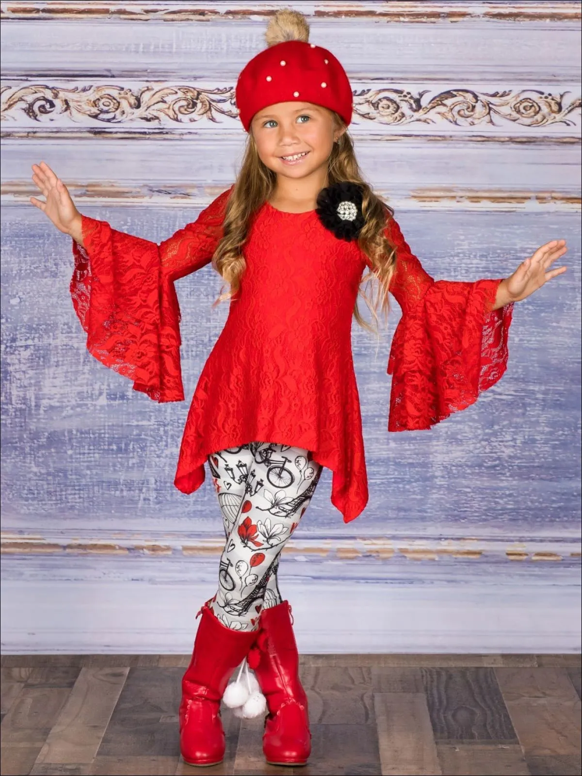 Girls Lace Side Tail Tiered Flared Sleeve Tunic And Legging Set