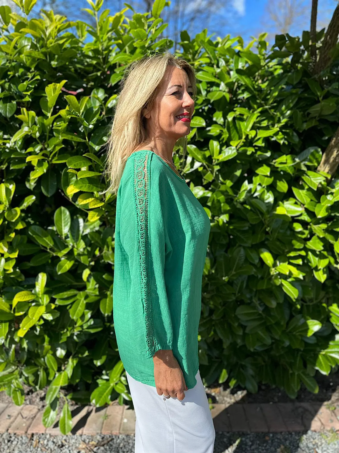 Green Crochet Sleeve Lightweight Top Cleo