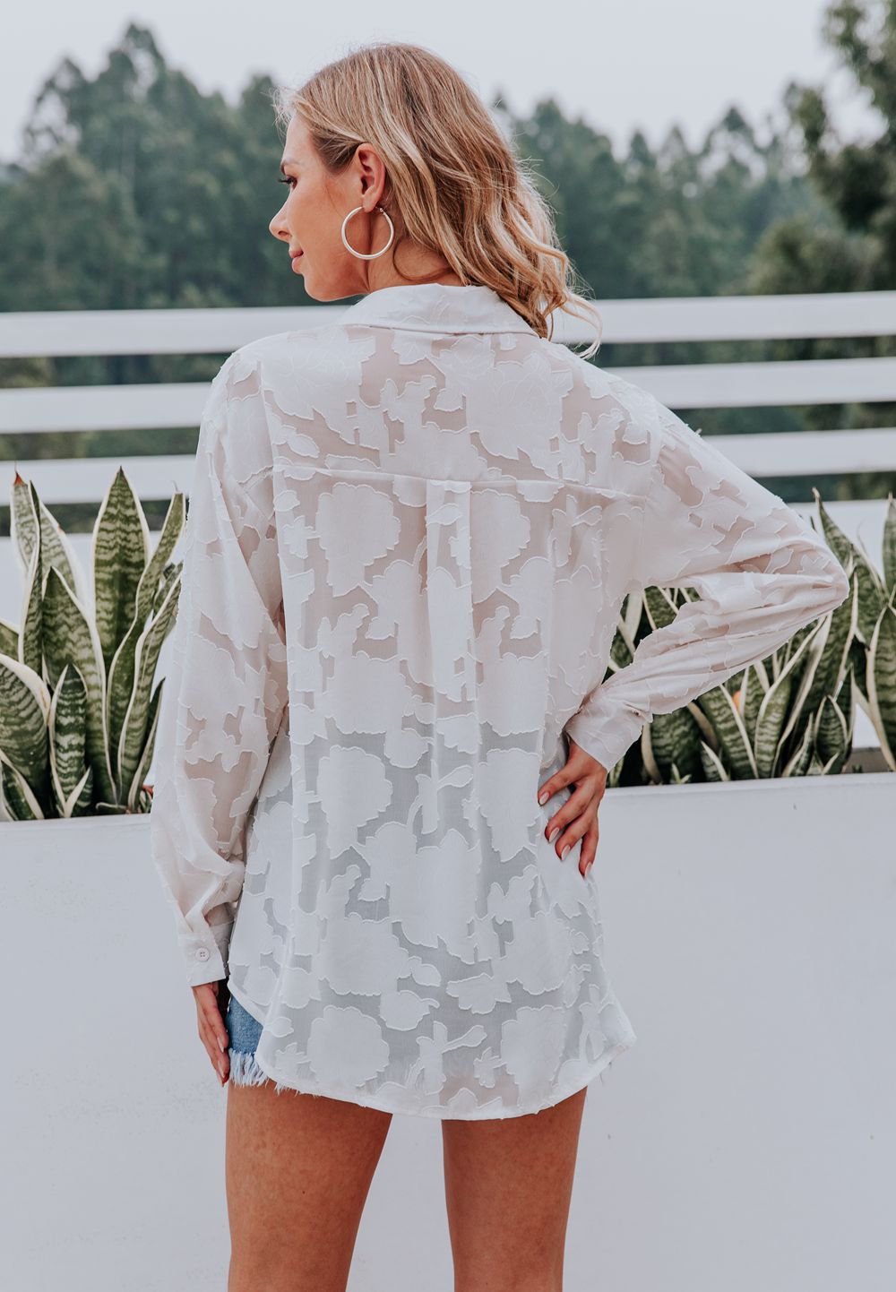 Haute Edition Women's Sheer Gauze Floral Pattern Button Down