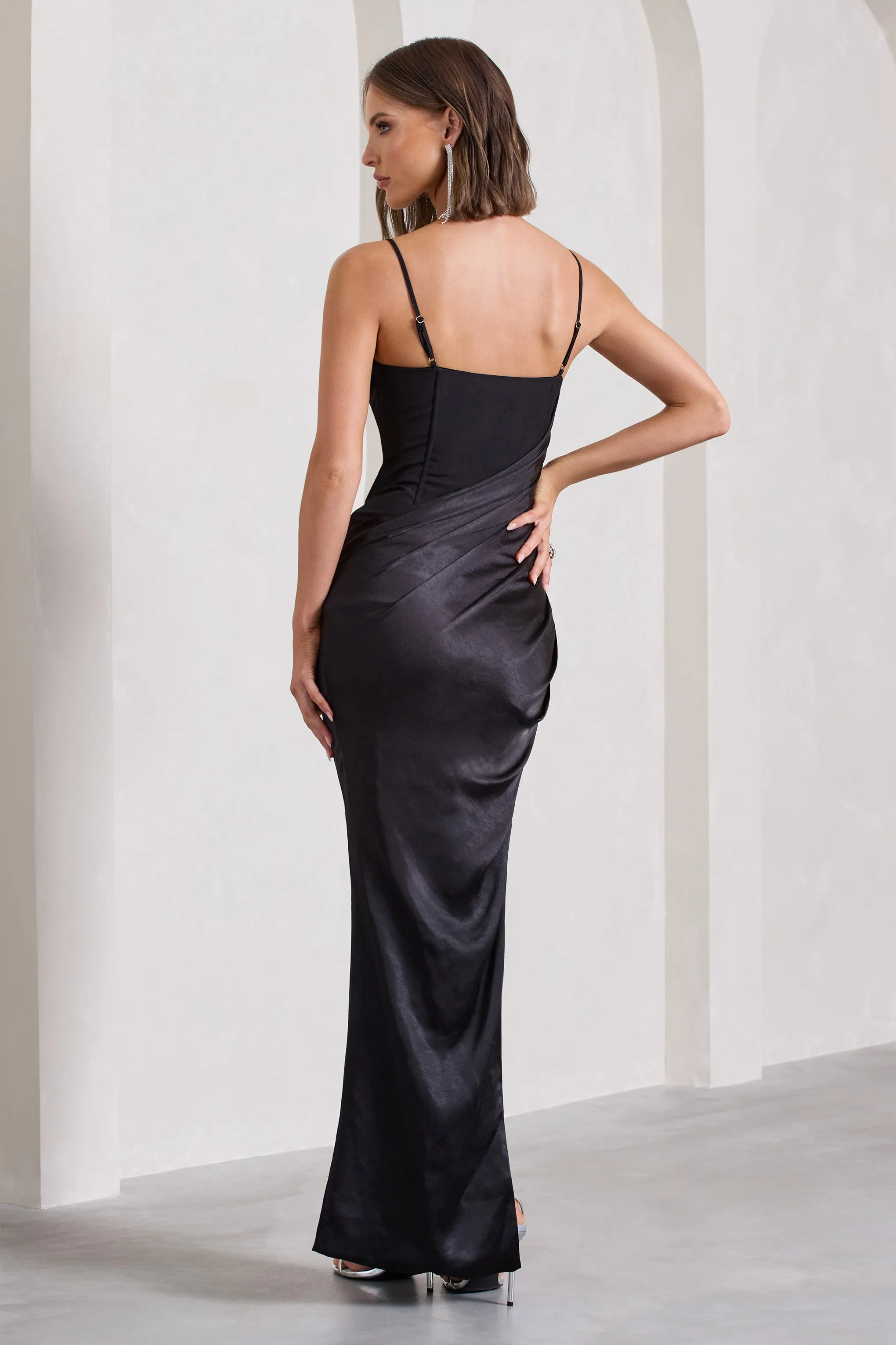 In Attendance | Black Satin Draped Corset Split Maxi Dress