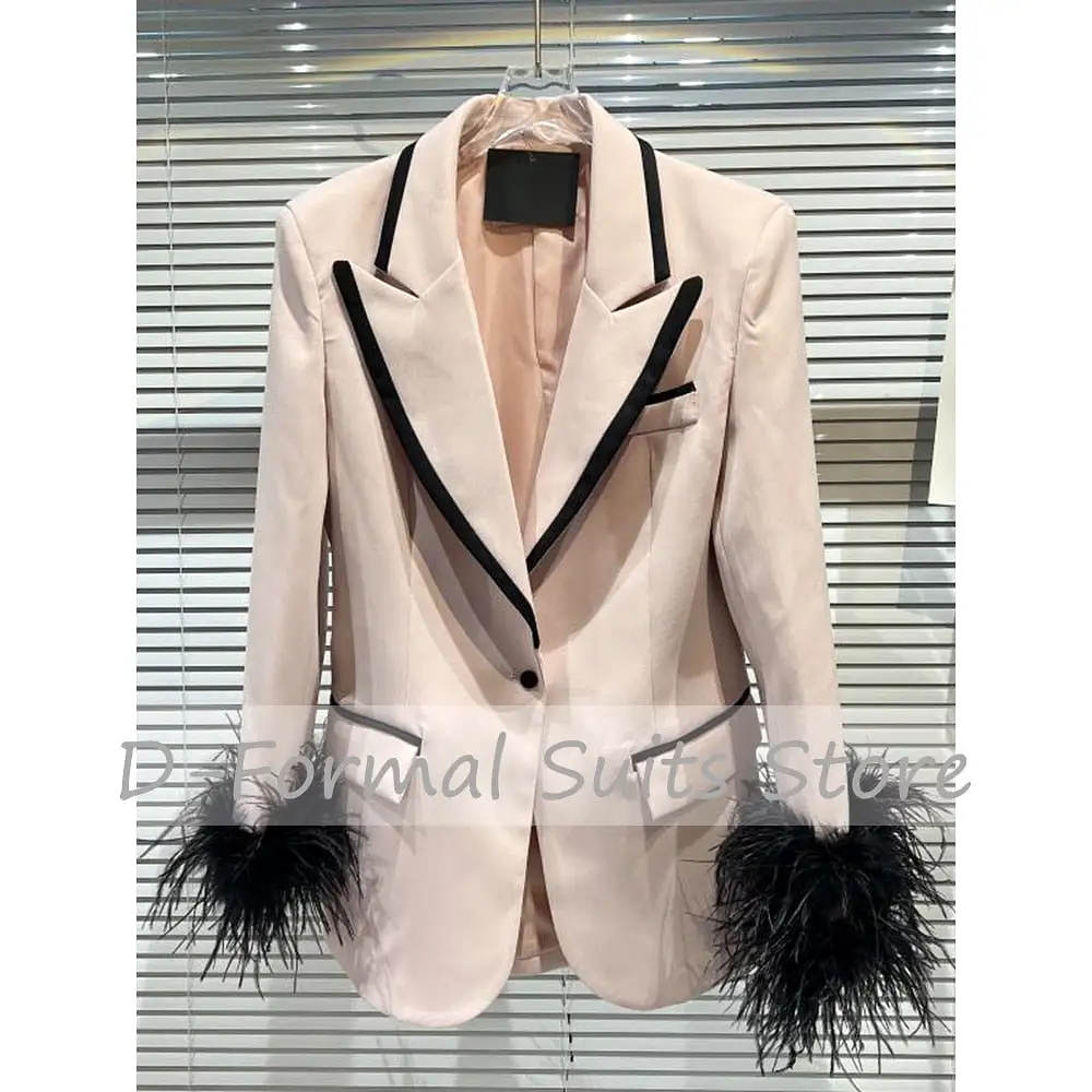 Jacket Women's Color Matching Fashion Feather Decoration Dress Luxury Custom 1 Button Blazer New in Outerwears Womens Clothing