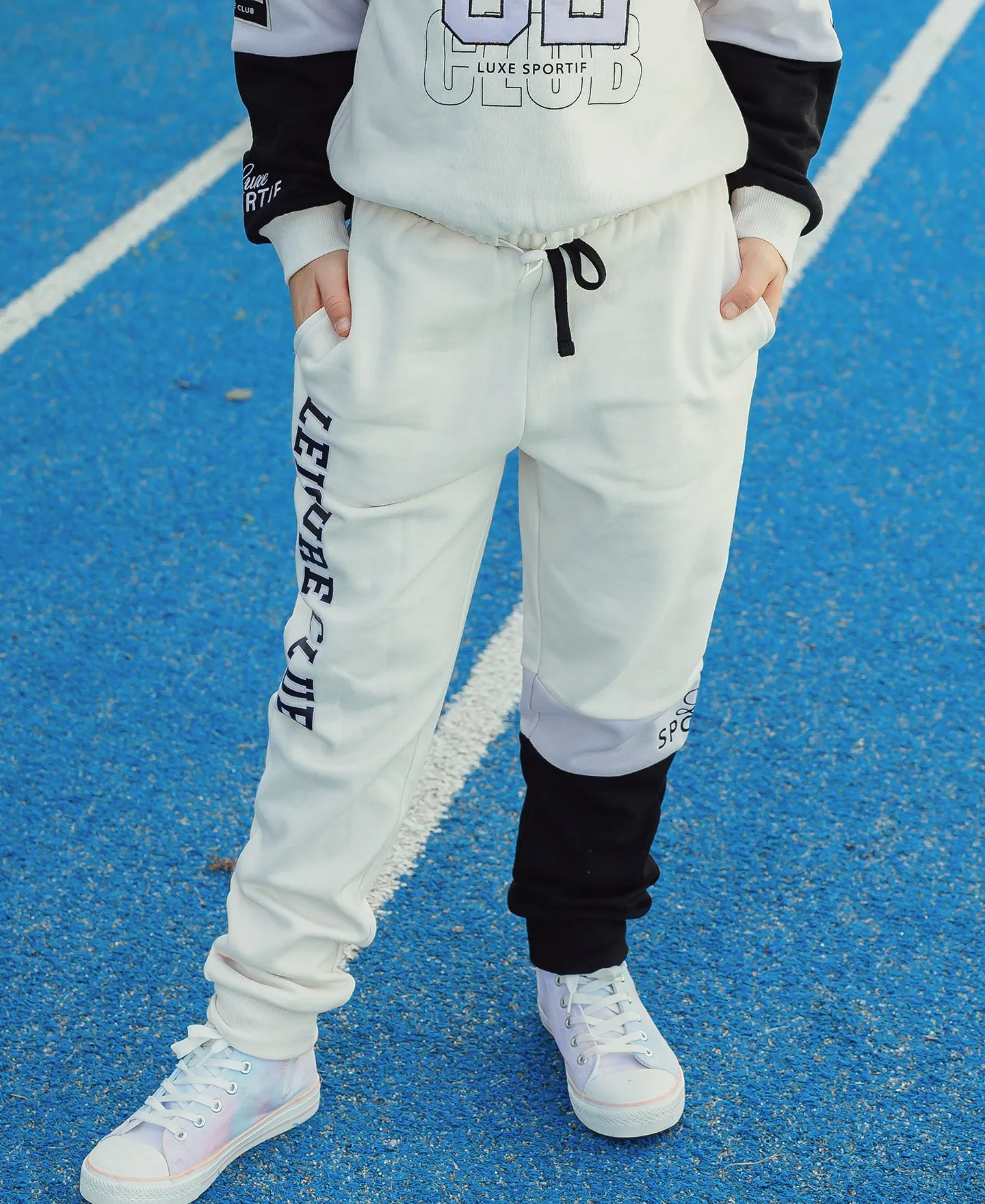 Kids Spliced Trackpants in Oat/lilac/black | Postie