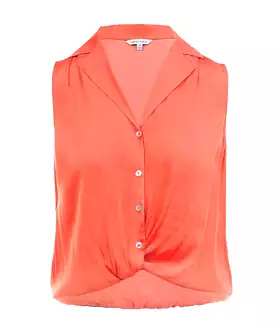 Knotted Sleeveless Collared Top - Persimmon