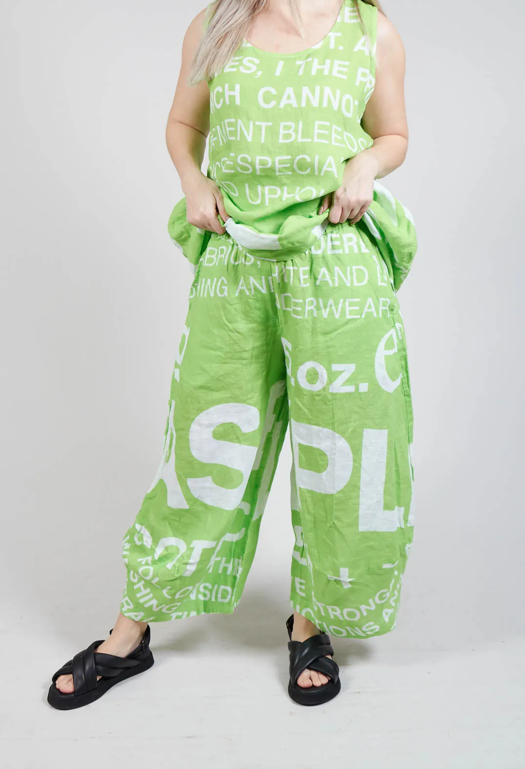 Linen Trousers with Large Lettering in Lime Print