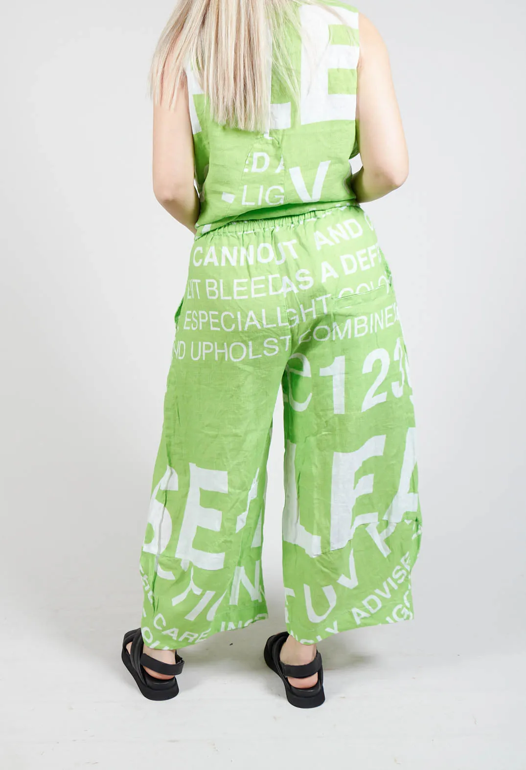 Linen Trousers with Large Lettering in Lime Print