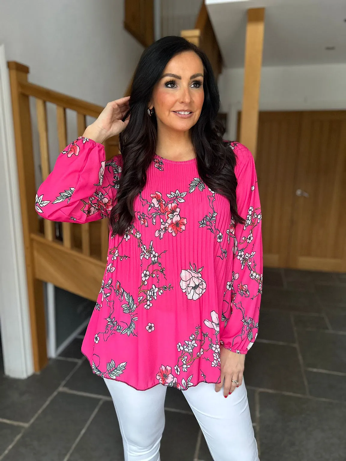 Lipstick Pink Floral Pleated Blouse Bethany