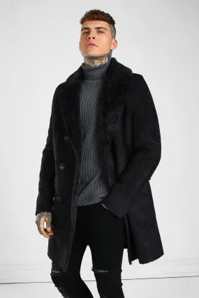 Longline Faux Fur Double Breasted Overcoat | boohooMAN UK