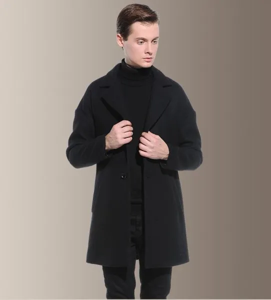 Men's woolen overcoat with single button closure