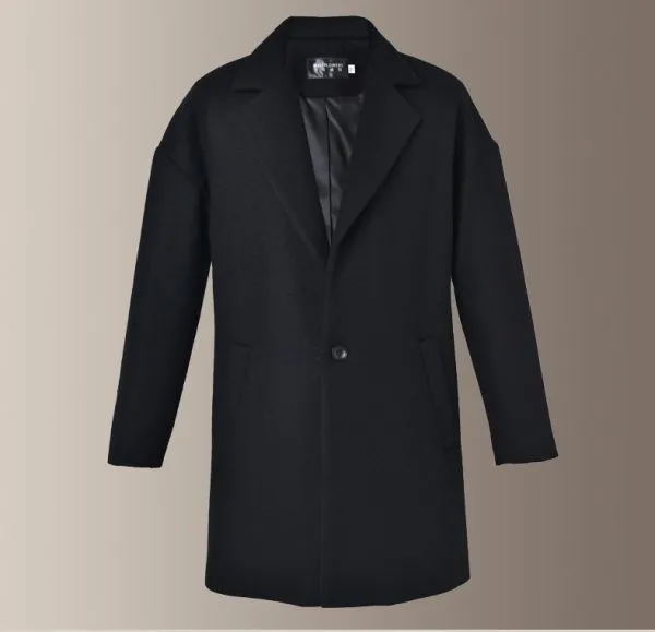 Men's woolen overcoat with single button closure