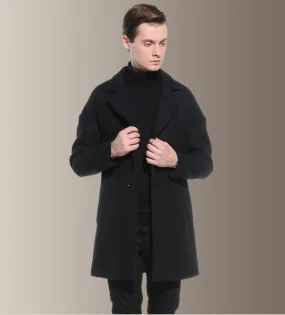 Men's woolen overcoat with single button closure