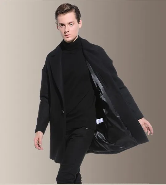 Men's woolen overcoat with single button closure