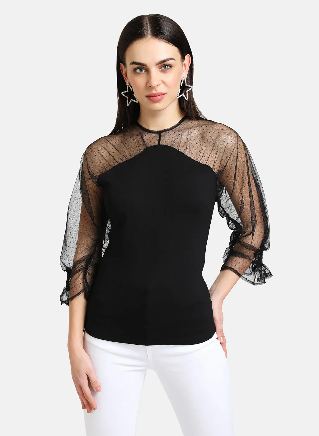 Mesh Detailed Top With Puff Sleeves