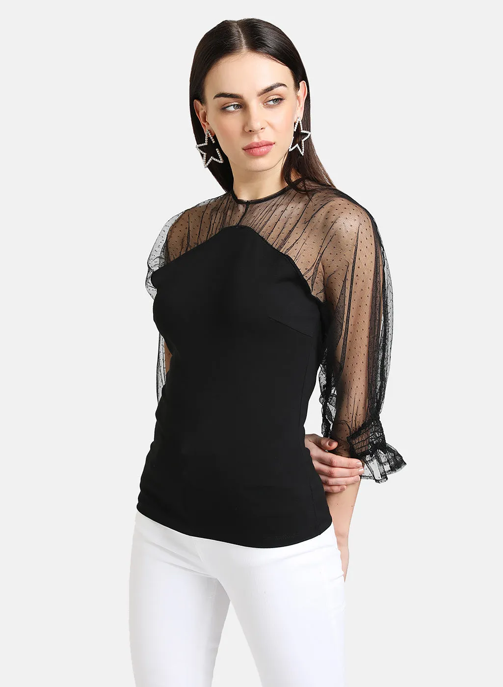 Mesh Detailed Top With Puff Sleeves