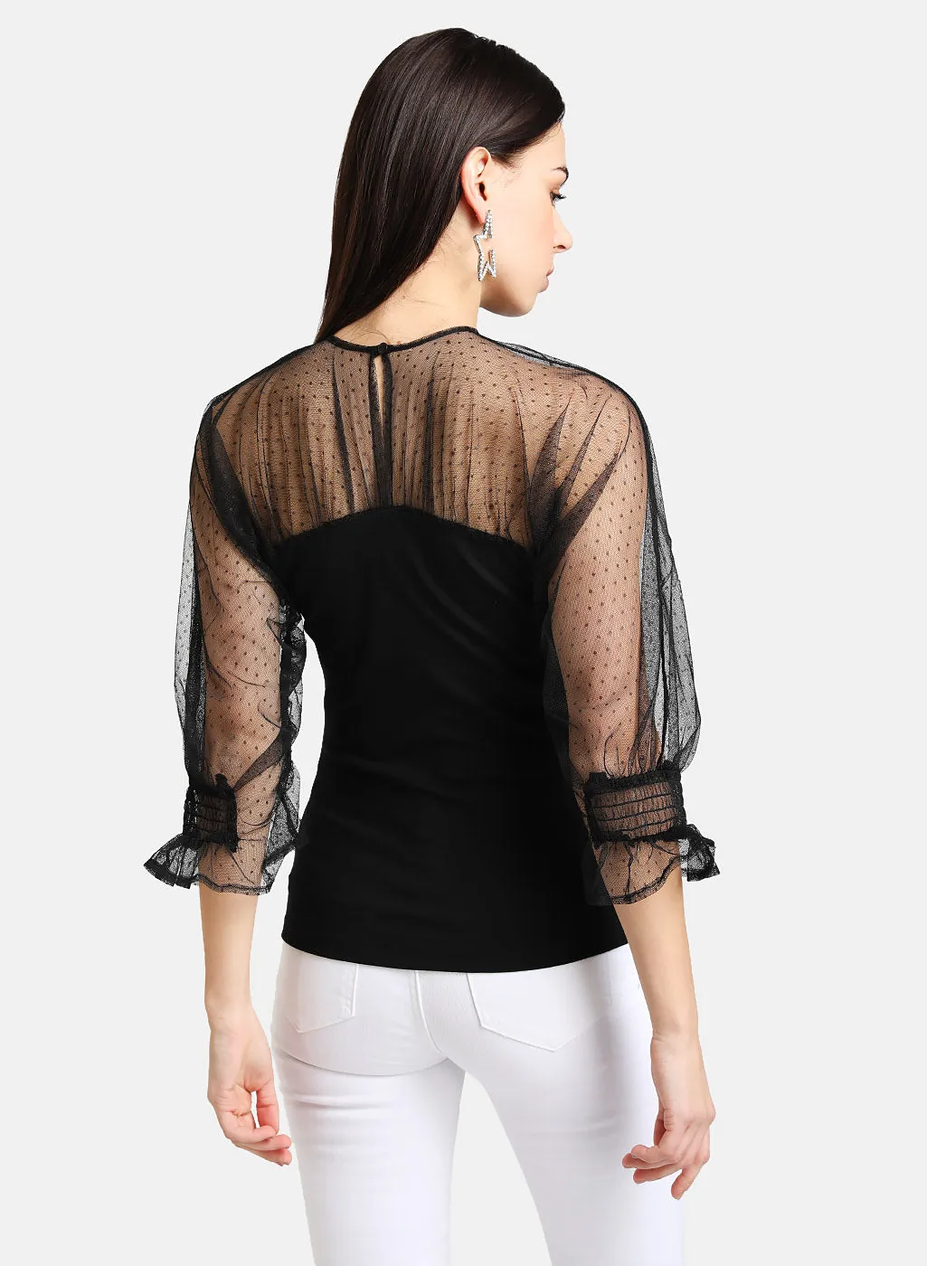 Mesh Detailed Top With Puff Sleeves