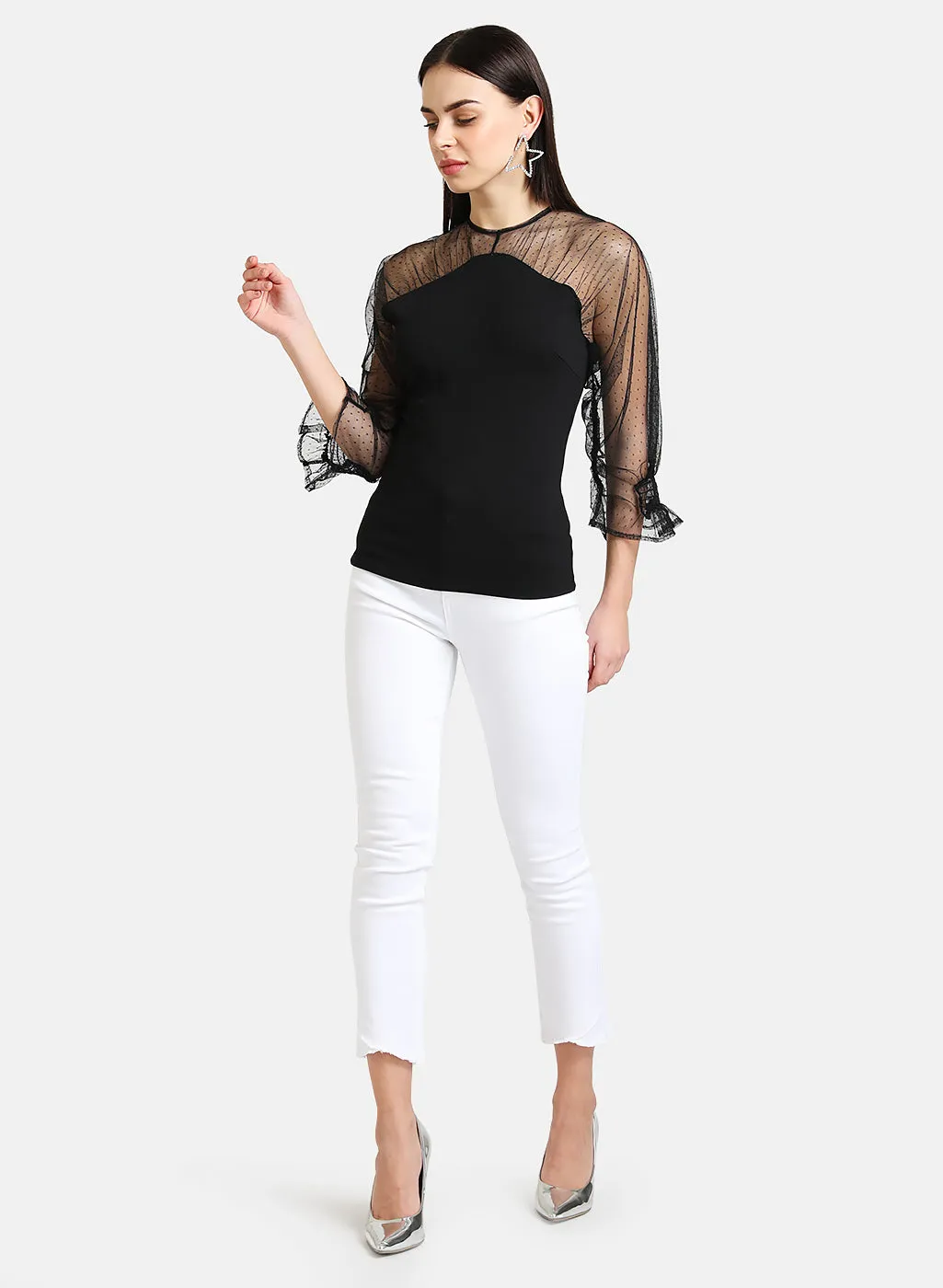 Mesh Detailed Top With Puff Sleeves