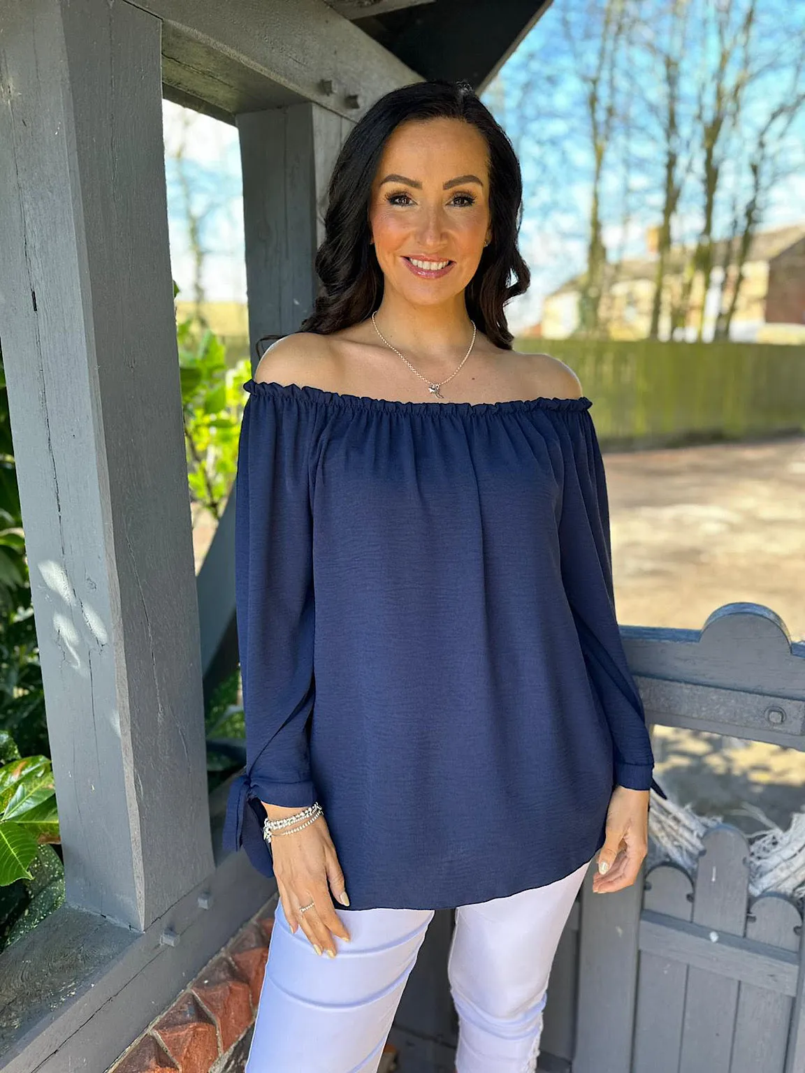 Navy Tied Sleeve Bardot Top Trinity