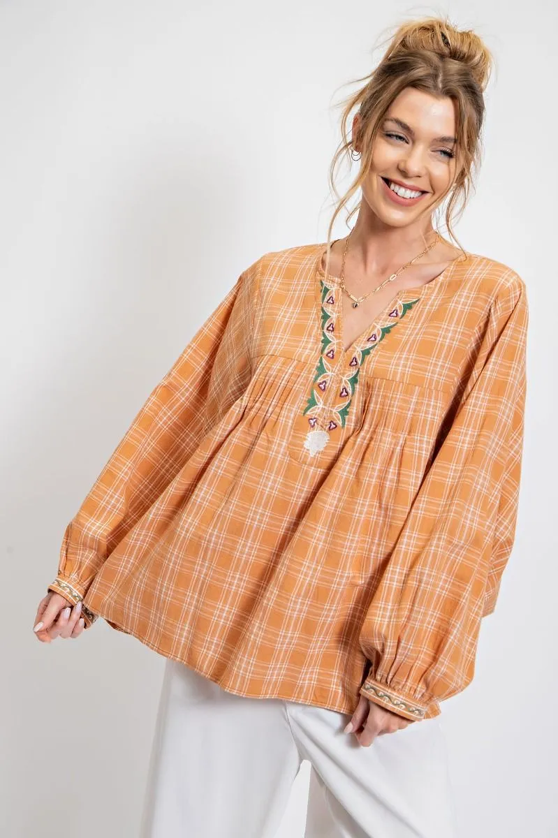 Plaid Cotton Voile Embroidery Top